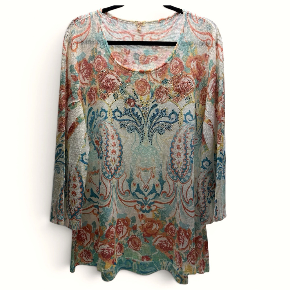 Reba Woman Tunic Top 2X Floral Paisley Rhinestone Sheer Knit Long Sleeve USA